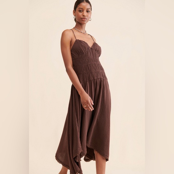 NWNT Free People Verbena Midi Dress  asymmetrical hem in chocolate Brown SZ S L - Picture 4 of 14